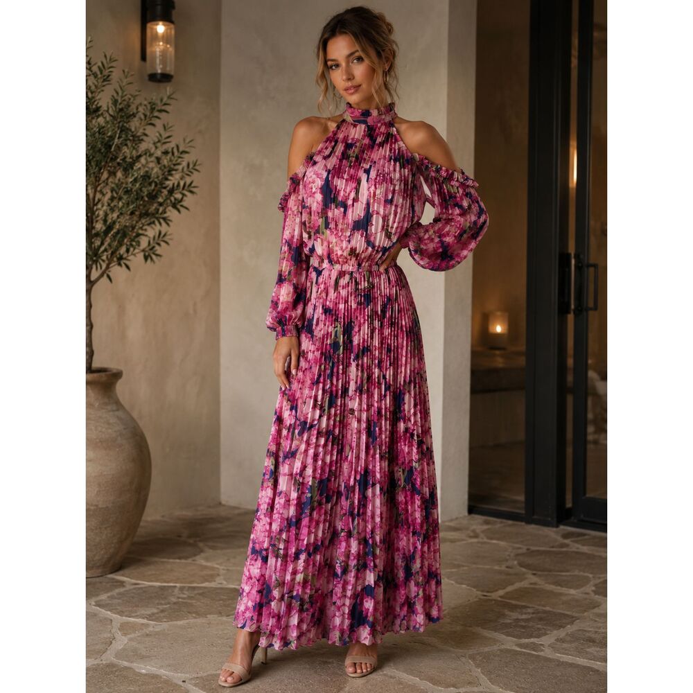 Petal & Pup Hillary Pink Floral Pleated Ruffle Cold Shoulder Maxi Dress Large